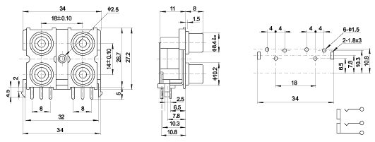 AV4-8.4-9 - блок четырех гнезд RCA *тюльпан* на плату и с креплением на панель, Аудио-видео разъемы