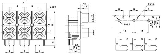 AV6-8.4-10 - блок шести гнезд RCA *тюльпан* на плату и с креплением на панель, Аудио-видео разъемы