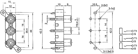 AV3-8.4-21 - блок трех гнезд RCA *тюльпан* на плату и с креплением на .