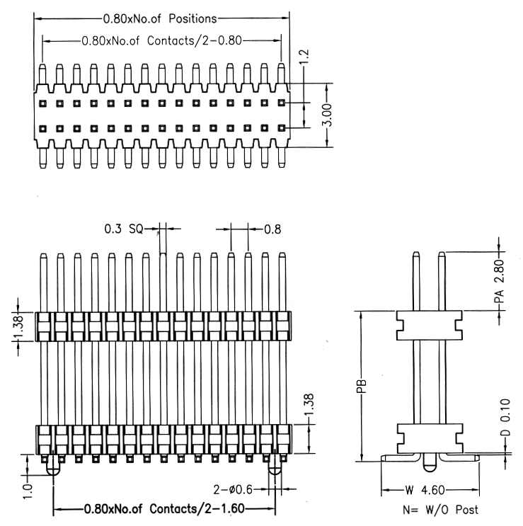 1713SMDI-22xxPG серия, вилки штыревые открытые прямые двухрядные с двойным изолятором на плату для поверхностного (SMD) монтажа с направляющими, шаг 0,80 x 1,20 мм, Соединители плата/плата (разъемы межплатные), штыревые линейки и гнезда для них > шаг 0,80 x 1,20 мм
