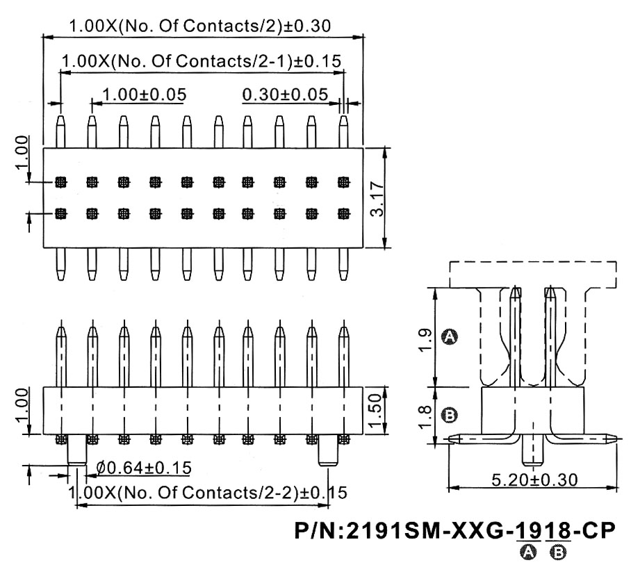 2191SM-XXXG-CP серия, вилки открытые прямые двухрядные на плату для поверхностного (SMD) монтажа с захватом, шаг 1,00 мм, Соединители плата/плата (разъемы межплатные), штыревые линейки и гнезда для них > шаг 1,00 мм