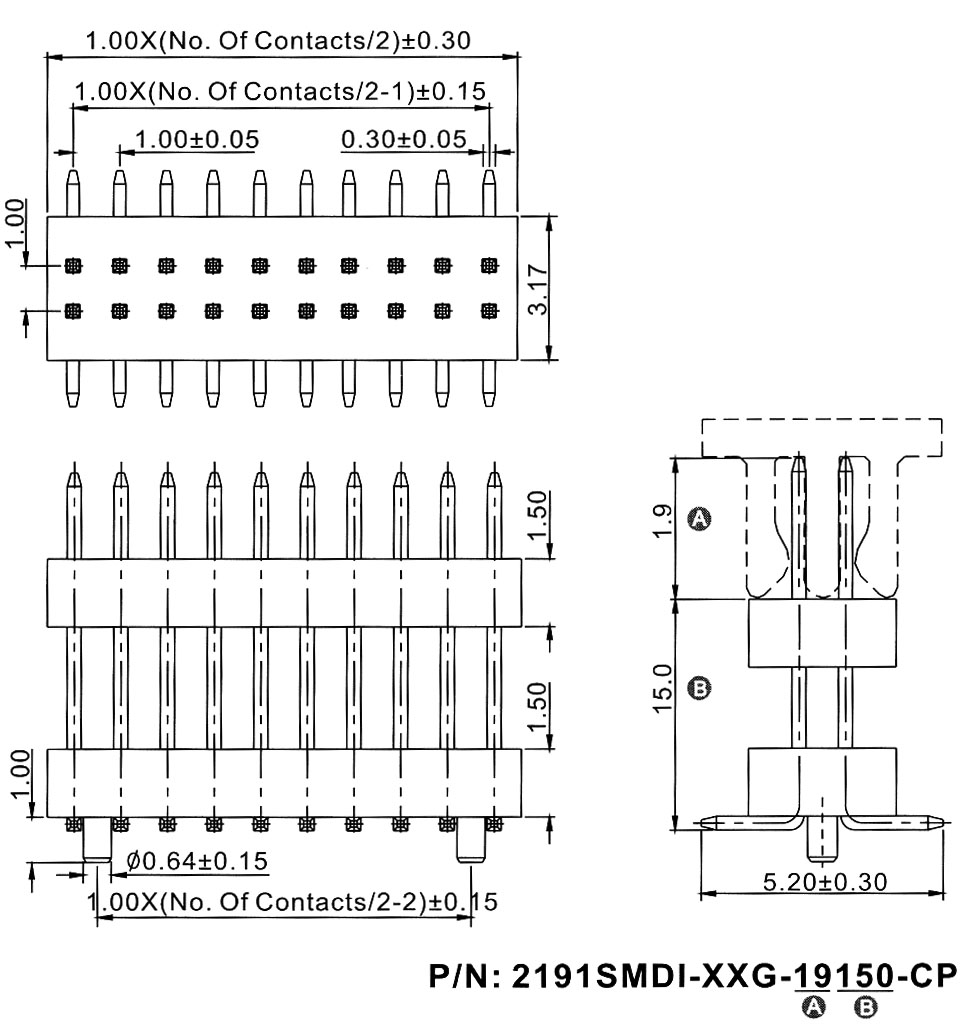 2191SMDI-XXXG-CP серия, вилки открытые прямые приподнятые двухрядные на плату для поверхностного (SMD) монтажа с захватом, шаг 1,00 мм, Соединители плата/плата (разъемы межплатные), штыревые линейки и гнезда для них > шаг 1,00 мм