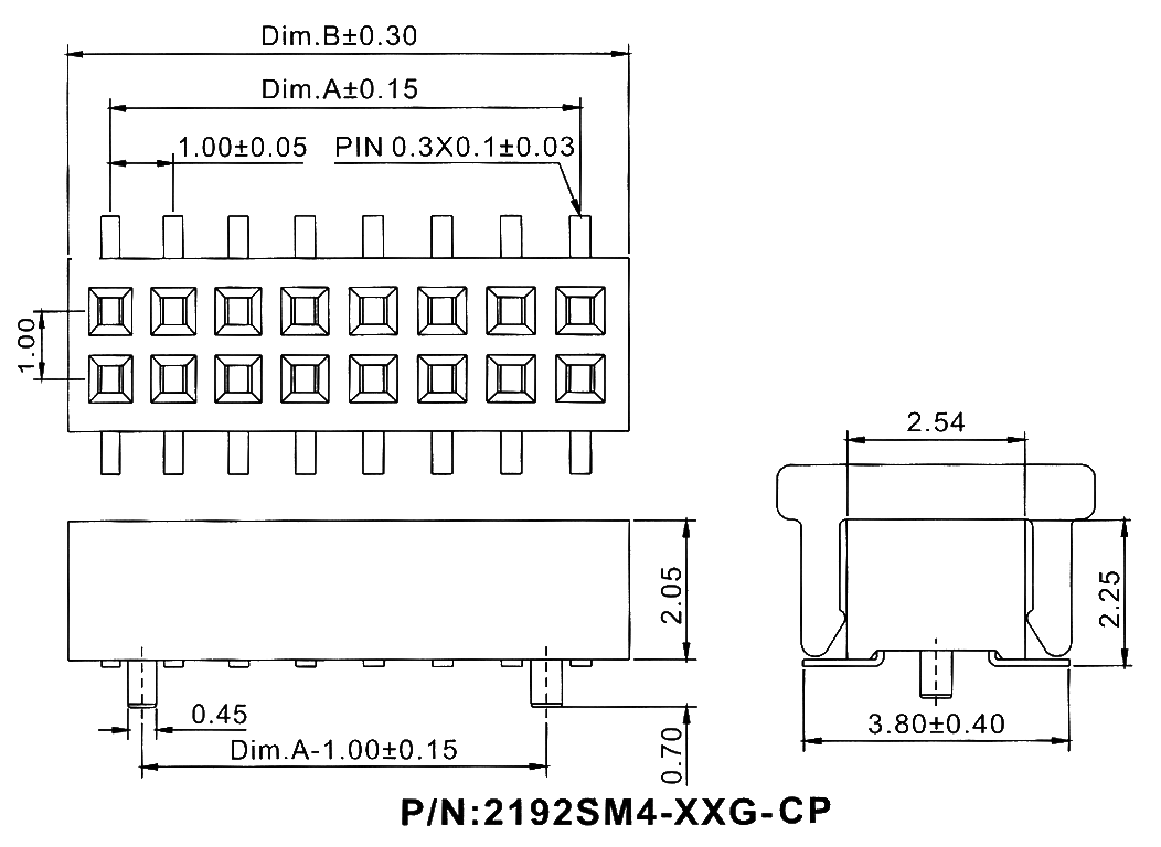 2192SM4-XXXG-CP серия, розетки прямые двухрядные на плату для поверхностного (SMD) монтажа с захватом, шаг 1,00 мм, Соединители плата/плата (разъемы межплатные), штыревые линейки и гнезда для них > шаг 1,00 мм