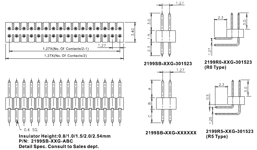 2199SB-XXXG (PLLD1.27) серия, вилки штыревые открытые двухрядные прямые на плату для монтажа в отверстия, шаг 1,27x1,27 мм, Соединители плата/плата (разъемы межплатные), штыревые линейки и гнезда для них > шаг 1,27x1,27 мм