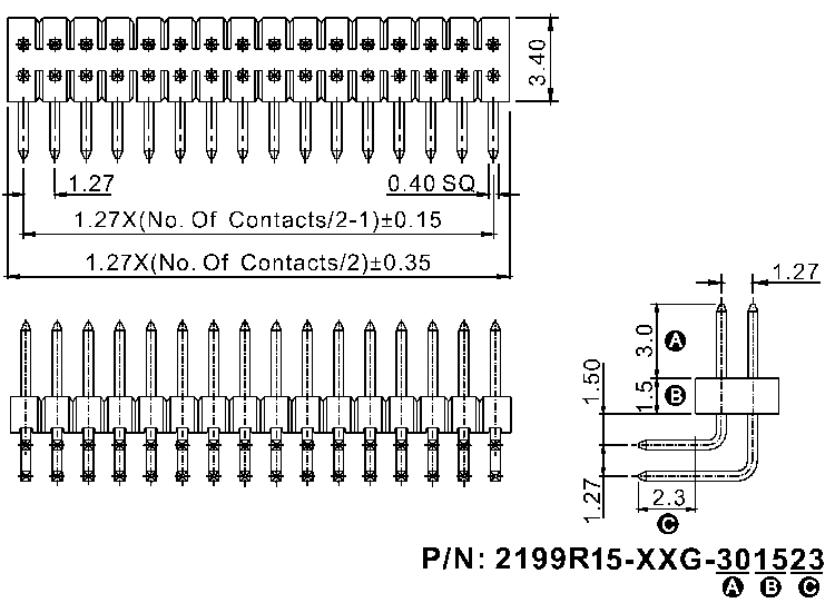 2199R15-XXXG (PLLD1.27R) серия, вилки штыревые открытые двухрядные угловые на плату для монтажа в отверстия, шаг 1,27x1,27 мм, Соединители плата/плата (разъемы межплатные), штыревые линейки и гнезда для них > шаг 1,27x1,27 мм
