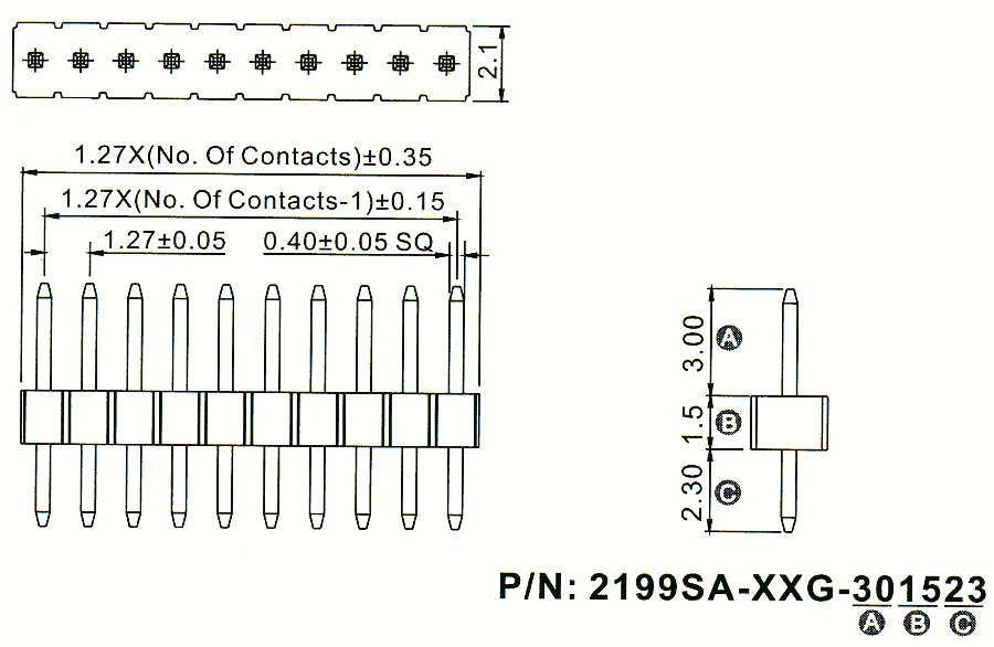 2199SA-XXG (PLL1.27) серия, вилки штыревые открытые однорядные прямые на плату для монтажа в отверстия, шаг 1,27 мм, Соединители плата/плата (разъемы межплатные), штыревые линейки и гнезда для них > шаг 1,27 мм