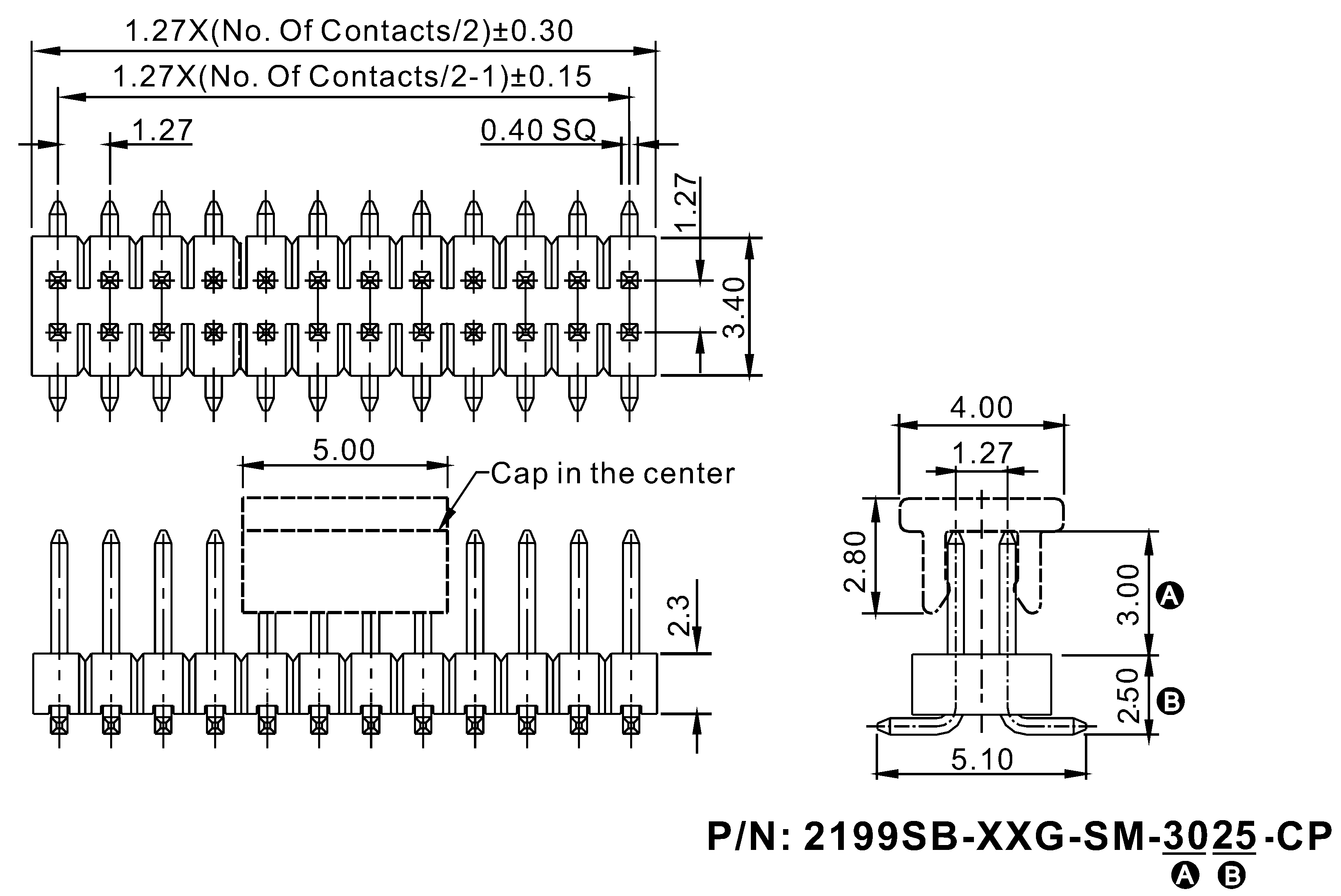 2199SB-XXXG-SM-3025-CP (PLLD1.27S) серия, вилки штыревые открытые двухрядные прямые на плату для поверхностного (SMD) монтажа с захватом, шаг 1,27x1,27 мм, Соединители плата/плата (разъемы межплатные), штыревые линейки и гнезда для них > шаг 1,27x1,27 мм