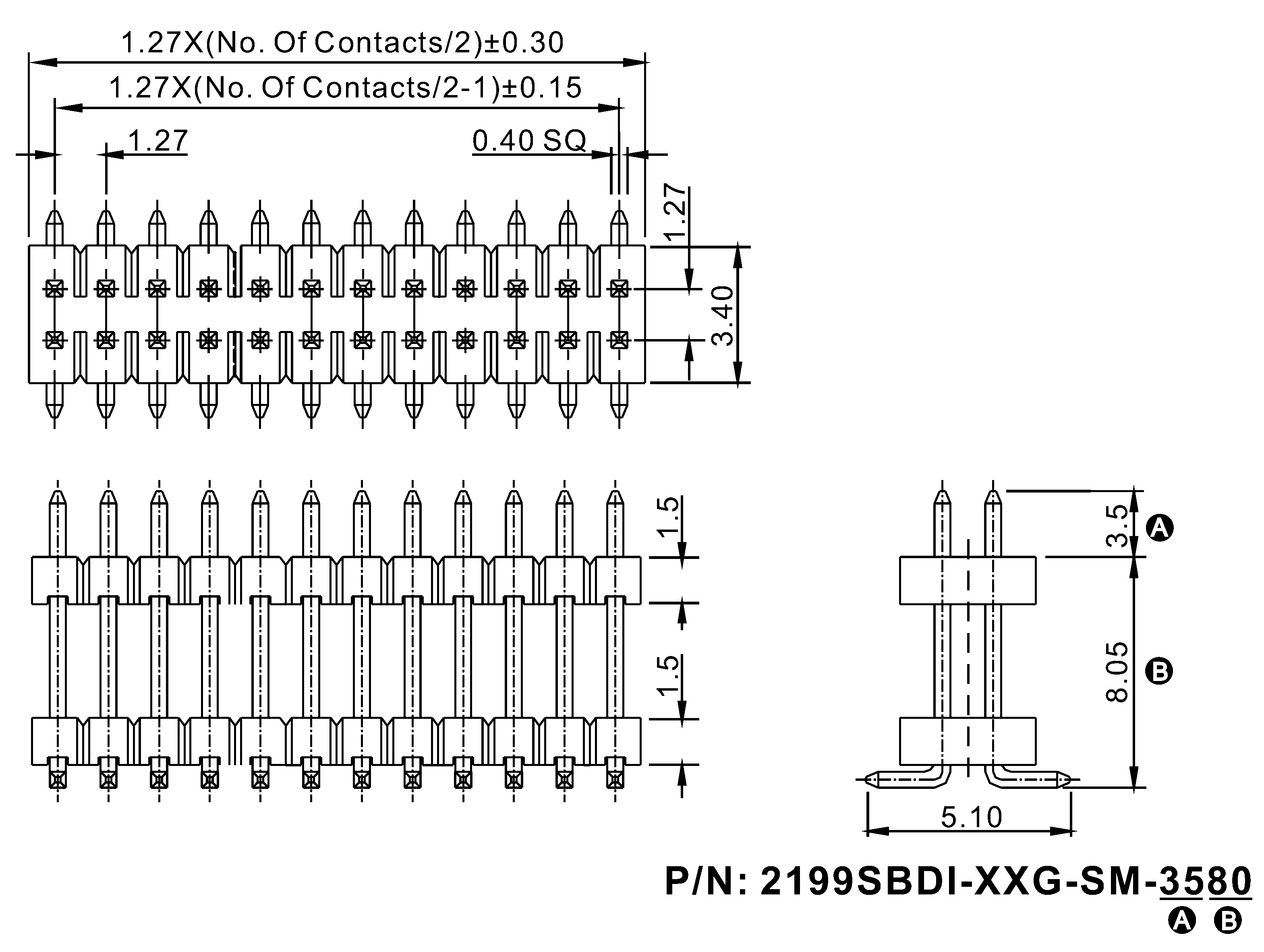 2199SBDI-XXXG-SM (PLLHD1.27S) серия, вилки штыревые открытые двухрядные прямые с двойным изолятором на плату для поверхностного (SMD) монтажа, шаг 1,27x1,27 мм, Соединители плата/плата (разъемы межплатные), штыревые линейки и гнезда для них > шаг 1,27x1,27 мм