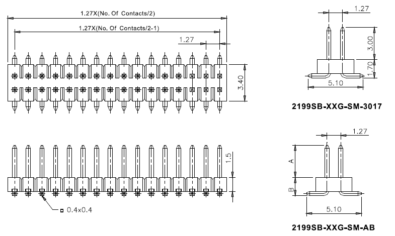 2199SB-XXXG-SM-3025 (PLLD1.27S) серия, вилки штыревые открытые двухрядные прямые на плату для поверхностного (SMD) монтажа, шаг 1,27x1,27 мм, Соединители плата/плата (разъемы межплатные), штыревые линейки и гнезда для них > шаг 1,27x1,27 мм
