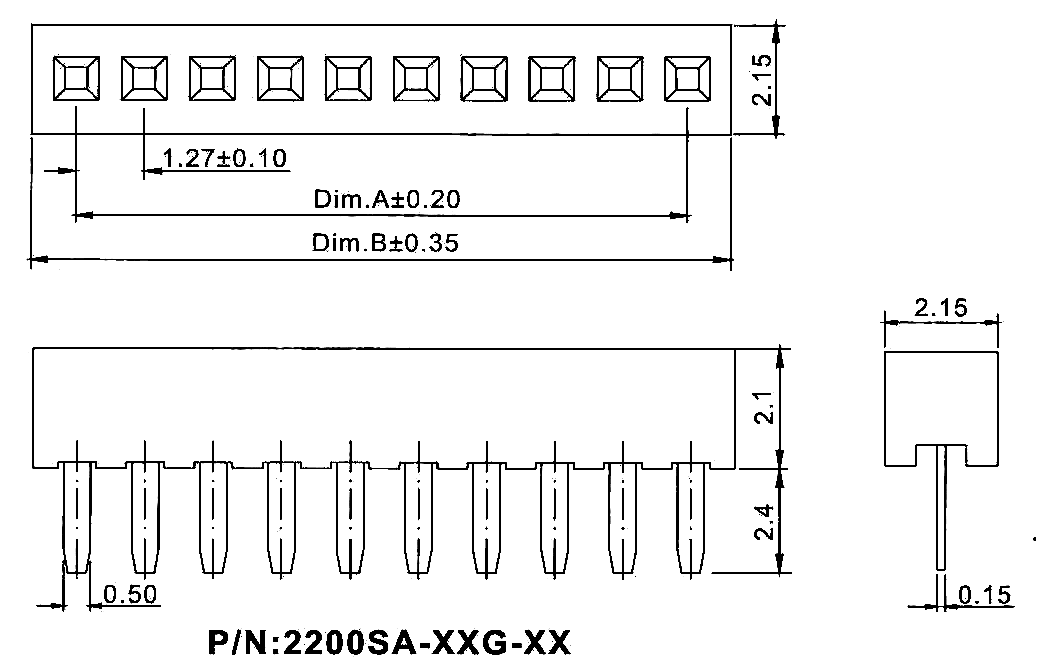 2200SA-XXG-21 серия, розетки однорядные прямые (гнезда) на плату для монтажа в отверстия, шаг 1,27 мм, Соединители плата/плата (разъемы межплатные), штыревые линейки и гнезда для них > шаг 1,27 мм