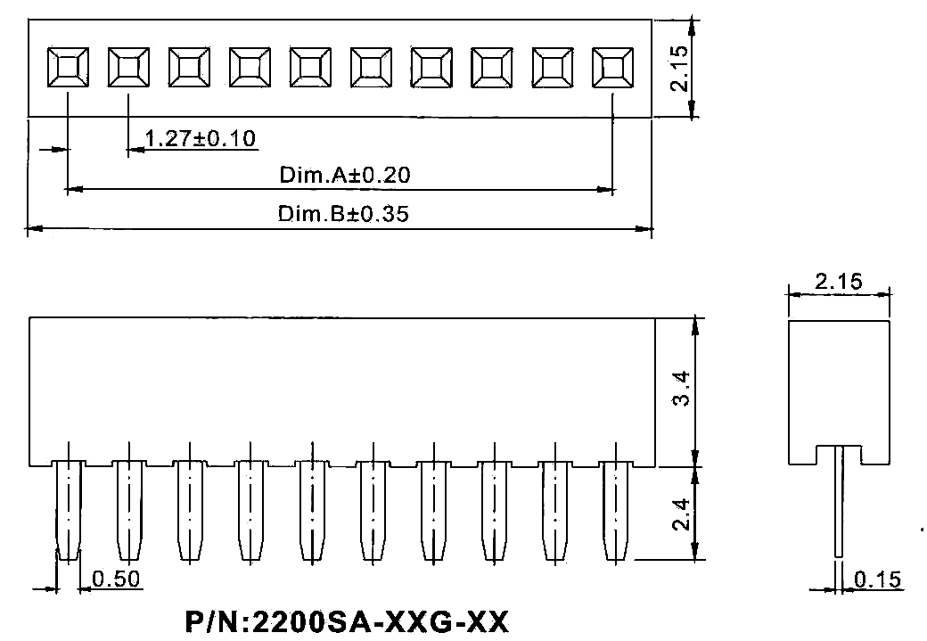 2200SA-XXG-34 серия, розетки однорядные прямые (гнезда) на плату для монтажа в отверстия, шаг 1,27 мм, Соединители плата/плата (разъемы межплатные), штыревые линейки и гнезда для них > шаг 1,27 мм