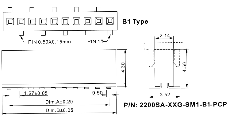 2200SA-XXG-SM1-B1-PCP серия, розетки однорядные прямые (гнезда) с захватом для поверхностного (SMD) монтажа на плату, шаг 1,27 мм, Соединители плата/плата (разъемы межплатные), штыревые линейки и гнезда для них > шаг 1,27 мм