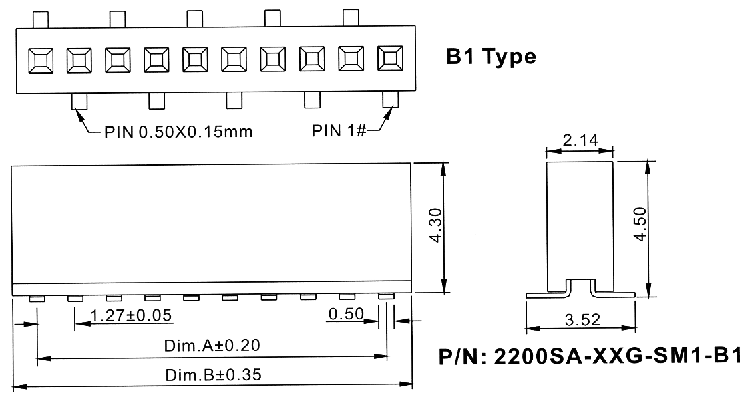 2200SA-XXG-SM1-B1 серия, розетки однорядные прямые (гнезда) для поверхностного (SMD) монтажа на плату, шаг 1,27 мм, Соединители плата/плата (разъемы межплатные), штыревые линейки и гнезда для них > шаг 1,27 мм