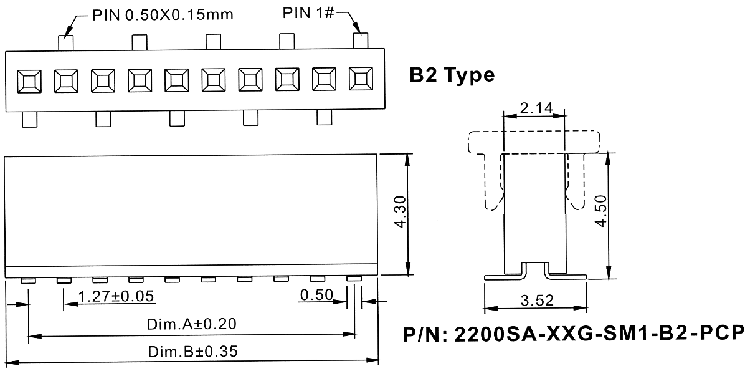 2200SA-XXG-SM1-B2-PCP серия, розетки однорядные прямые (гнезда) с захватом для поверхностного (SMD) монтажа на плату, шаг 1,27 мм, Соединители плата/плата (разъемы межплатные), штыревые линейки и гнезда для них > шаг 1,27 мм