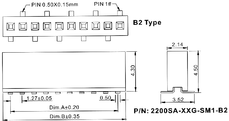 2200SA-XXG-SM1-B2 серия, розетки однорядные прямые (гнезда) для поверхностного (SMD) монтажа на плату, шаг 1,27 мм, Соединители плата/плата (разъемы межплатные), штыревые линейки и гнезда для них > шаг 1,27 мм