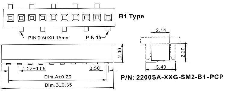 2200SA-XXG-SM2-B1-PCP серия, розетки однорядные прямые (гнезда) с захватом для поверхностного (SMD) монтажа на плату, шаг 1,27 мм, Соединители плата/плата (разъемы межплатные), штыревые линейки и гнезда для них > шаг 1,27 мм