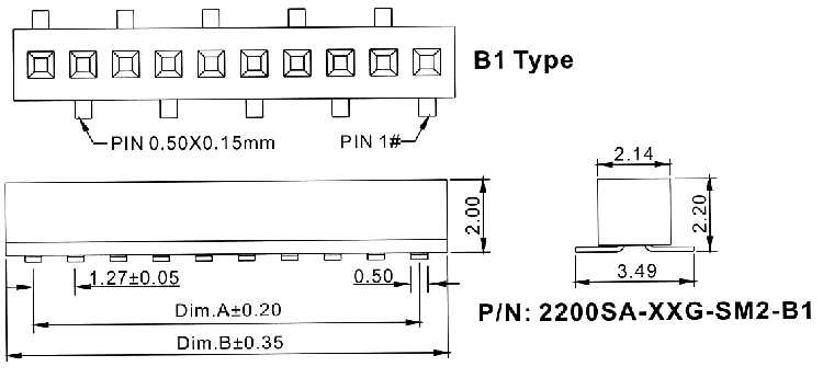 2200SA-XXG-SM2-B1 серия, розетки однорядные прямые (гнезда) для поверхностного (SMD) монтажа на плату, шаг 1,27 мм, Соединители плата/плата (разъемы межплатные), штыревые линейки и гнезда для них > шаг 1,27 мм