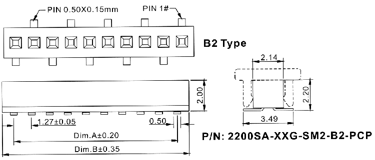 2200SA-XXG-SM2-B2-PCP серия, розетки однорядные прямые (гнезда) с захватом для поверхностного (SMD) монтажа на плату, шаг 1,27 мм, Соединители плата/плата (разъемы межплатные), штыревые линейки и гнезда для них > шаг 1,27 мм