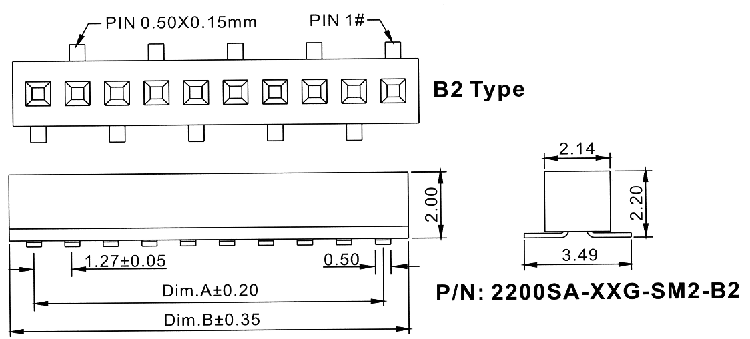 2200SA-XXG-SM2-B2 серия, розетки однорядные прямые (гнезда) для поверхностного (SMD) монтажа на плату, шаг 1,27 мм, Соединители плата/плата (разъемы межплатные), штыревые линейки и гнезда для них > шаг 1,27 мм