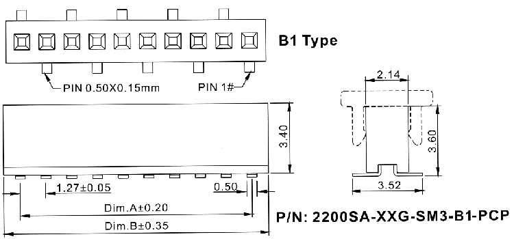 2200SA-XXG-SM3-B1-PCP серия, розетки однорядные прямые (гнезда) с захватом для поверхностного (SMD) монтажа на плату, шаг 1,27 мм, Соединители плата/плата (разъемы межплатные), штыревые линейки и гнезда для них > шаг 1,27 мм