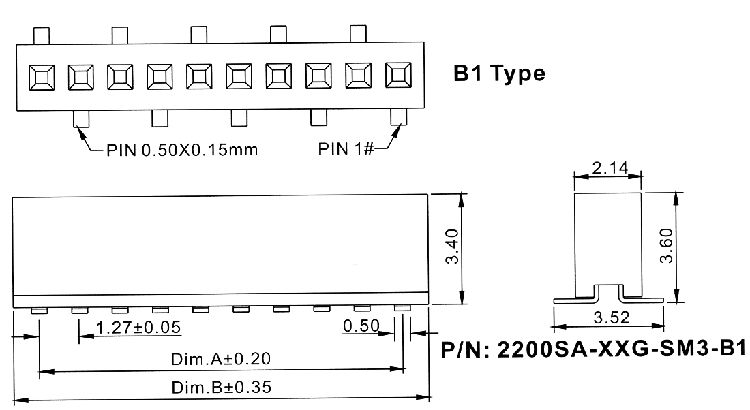 2200SA-XXG-SM3-B1 серия, розетки однорядные прямые (гнезда) для поверхностного (SMD) монтажа на плату, шаг 1,27 мм, Соединители плата/плата (разъемы межплатные), штыревые линейки и гнезда для них > шаг 1,27 мм