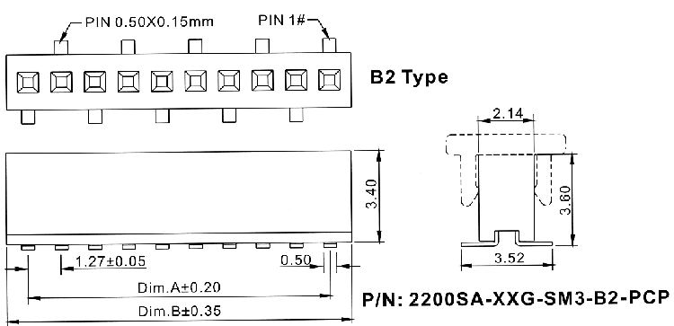 2200SA-XXG-SM3-B2-PCP серия, розетки однорядные прямые (гнезда) с захватом для поверхностного (SMD) монтажа на плату, шаг 1,27 мм, Соединители плата/плата (разъемы межплатные), штыревые линейки и гнезда для них > шаг 1,27 мм