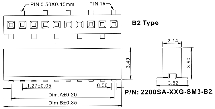 2200SA-XXG-SM3-B2 серия, розетки однорядные прямые (гнезда) для поверхностного (SMD) монтажа на плату, шаг 1,27 мм, Соединители плата/плата (разъемы межплатные), штыревые линейки и гнезда для них > шаг 1,27 мм