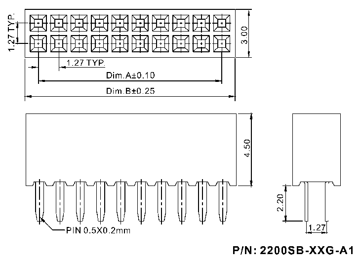 2200SB-XXXG-A1 (PBD1.27) серия, розетки двухрядные прямые (гнезда) на плату для монтажа в отверстия, шаг 1,27x1,27 мм, Соединители плата/плата (разъемы межплатные), штыревые линейки и гнезда для них > шаг 1,27x1,27 мм