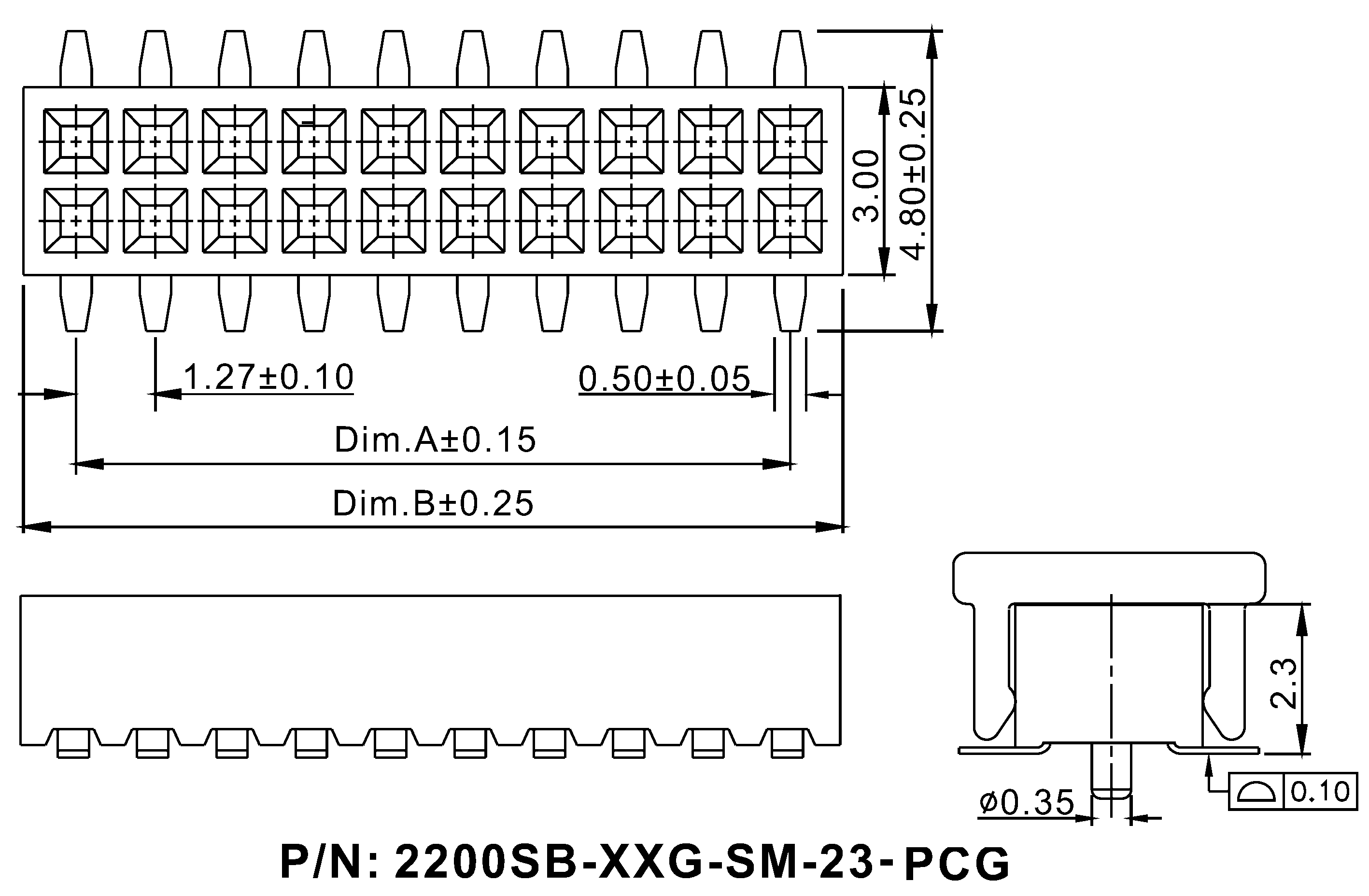 2200SB-XXXG-SM-23-PCG серия, розетки двухрядные прямые (гнезда) на плату для поверхностного (SMD) монтажа с направляющими и захватом, шаг 1,27x1,27 мм, Соединители плата/плата (разъемы межплатные), штыревые линейки и гнезда для них > шаг 1,27x1,27 мм