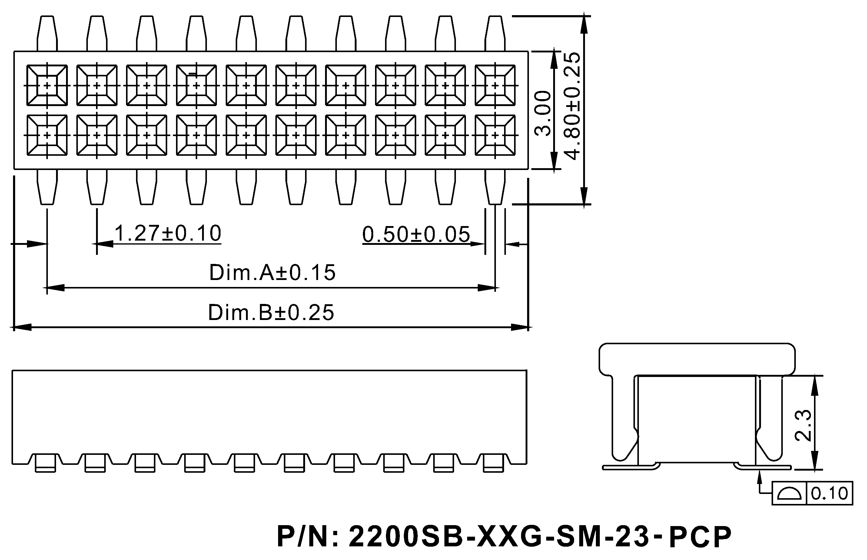 2200SB-XXXG-SM-23-PCP серия, розетки двухрядные прямые (гнезда) на плату для поверхностного (SMD) монтажа с обратным входом и захватом, шаг 1,27x1,27 мм, Соединители плата/плата (разъемы межплатные), штыревые линейки и гнезда для них > шаг 1,27x1,27 мм
