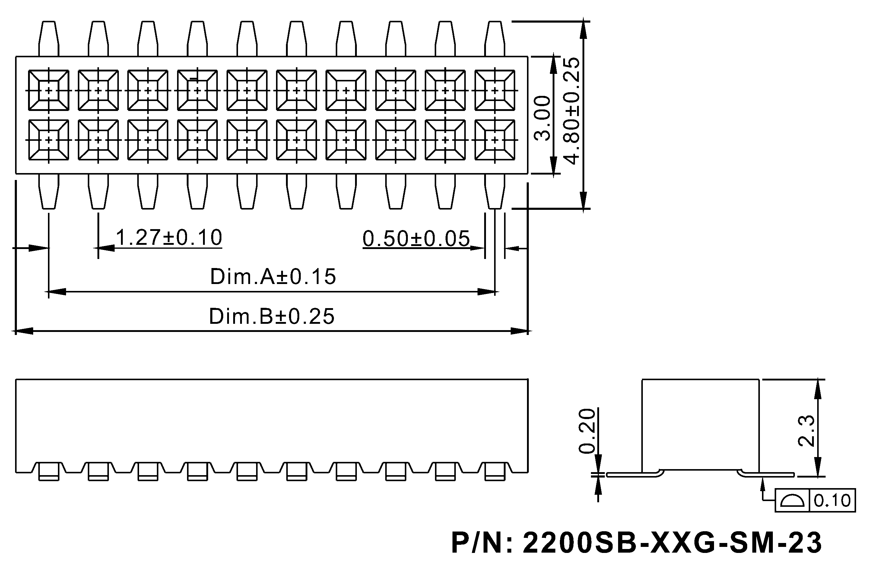 2200SB-XXXG-SM-23 серия, розетки двухрядные прямые (гнезда) для поверхностного (SMD) монтажа на плату, шаг 1,27x1,27 мм, Соединители плата/плата (разъемы межплатные), штыревые линейки и гнезда для них > шаг 1,27x1,27 мм
