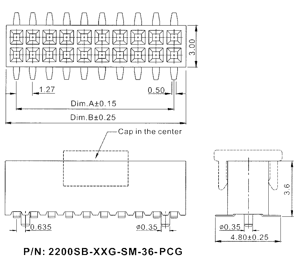 2200SB-XXXG-SM-36-PCG серия, розетки двухрядные прямые (гнезда) на плату для поверхностного (SMD) монтажа с направляющими и захватом, шаг 1,27x1,27 мм, Соединители плата/плата (разъемы межплатные), штыревые линейки и гнезда для них > шаг 1,27x1,27 мм