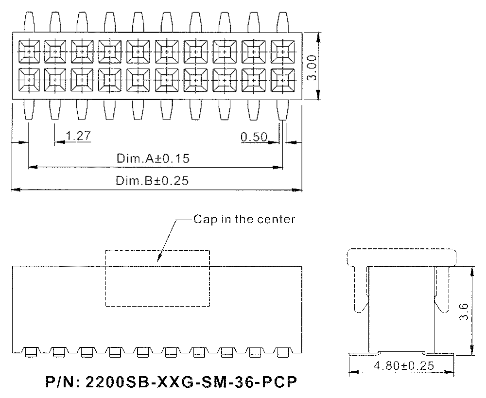 2200SB-XXXG-SM-36-PCP серия, розетки двухрядные прямые (гнезда) на плату для поверхностного (SMD) монтажа с обратным входом и захватом, шаг 1,27x1,27 мм, Соединители плата/плата (разъемы межплатные), штыревые линейки и гнезда для них > шаг 1,27x1,27 мм
