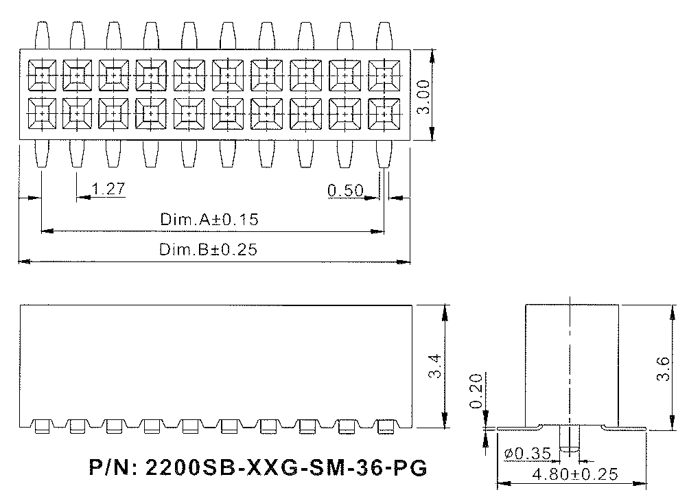 2200SB-XXXG-SM-36-PG серия, розетки двухрядные прямые (гнезда) для поверхностного (SMD) монтажа с направляющими на плату, шаг 1,27x1,27 мм, Соединители плата/плата (разъемы межплатные), штыревые линейки и гнезда для них > шаг 1,27x1,27 мм
