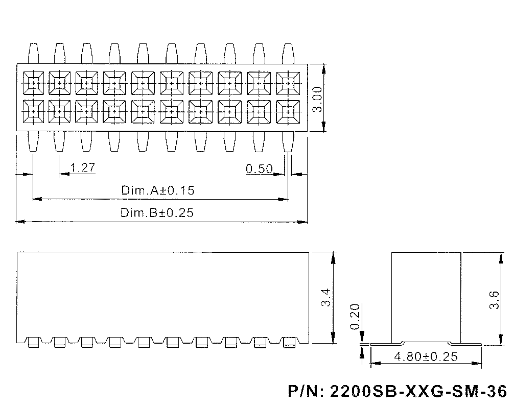 2200SB-XXXG-SM-36 серия, розетки двухрядные прямые (гнезда) для поверхностного (SMD) монтажа на плату, шаг 1,27x1,27 мм, Соединители плата/плата (разъемы межплатные), штыревые линейки и гнезда для них > шаг 1,27x1,27 мм