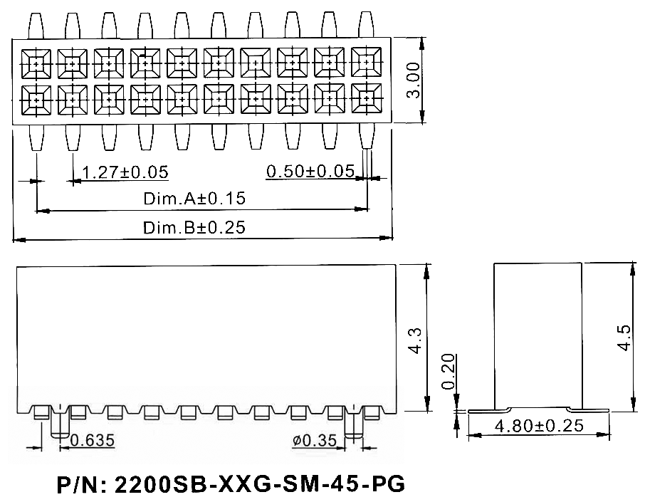 2200SB-XXXG-SM-45-PG серия, розетки двухрядные прямые (гнезда) для поверхностного (SMD) монтажа с направляющими на плату, шаг 1,27x1,27 мм, Соединители плата/плата (разъемы межплатные), штыревые линейки и гнезда для них > шаг 1,27x1,27 мм