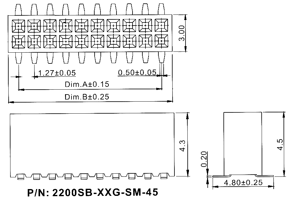 2200SB-XXXG-SM-45 серия, розетки двухрядные прямые (гнезда) для поверхностного (SMD) монтажа на плату, шаг 1,27x1,27 мм, Соединители плата/плата (разъемы межплатные), штыревые линейки и гнезда для них > шаг 1,27x1,27 мм