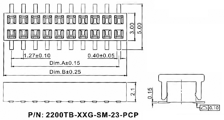 2200TB-XXXG-SM-23-PCP серия, розетки двухрядные прямые (гнезда) на плату для поверхностного (SMD) монтажа с обратным входом и захватом, шаг 1,27x1,27 мм, Соединители плата/плата (разъемы межплатные), штыревые линейки и гнезда для них > шаг 1,27x1,27 мм