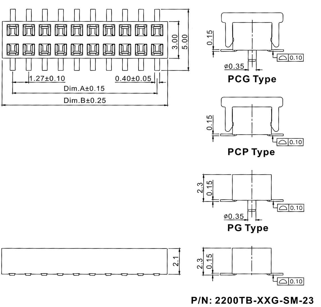 2200TB-XXXG-SM-23 серия, розетки двухрядные прямые (гнезда) для поверхностного (SMD) монтажа на плату с обратным входом, шаг 1,27x1,27 мм, Соединители плата/плата (разъемы межплатные), штыревые линейки и гнезда для них > шаг 1,27x1,27 мм