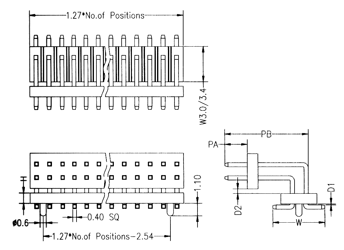 BL1415-12xxM-PG-1.5 серия, вилки штыревые открытые двухрядные SMD угловые горизонтальные с направляющими в плату, шаг 1,27x1,27 мм, Соединители плата/плата (разъемы межплатные), штыревые линейки и гнезда для них > шаг 1,27x1,27 мм