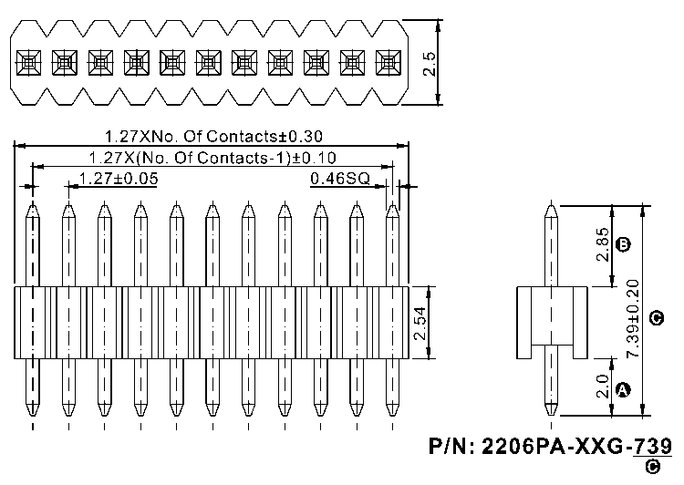 2206PA-XXG-739 (PLL1.27-xx) серия, вилки открытые прямые однорядные на плату для монтажа в отверстия, шаг 1,27 мм, Соединители плата/плата (разъемы межплатные), штыревые линейки и гнезда для них > шаг 1,27 мм