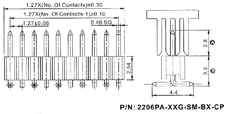 2206PA-XXG-SM-BX-XXXX-CP серия, вилки открытые прямые однорядные на плату для поверхностного (SMD) монтажа с захватом, шаг 1,27 x 2,54 мм, Соединители плата/плата (разъемы межплатные), штыревые линейки и гнезда для них > 1,27 x 2,54