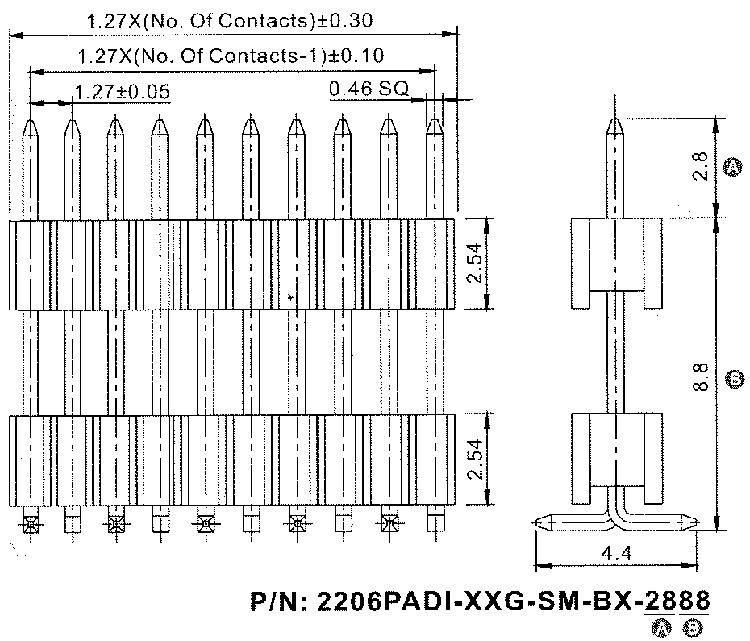 2206PADI-XXG-SM-BX-XXXX серия, вилки открытые прямые однорядные приподнятые на плату для поверхностного (SMD) монтажа, шаг 1,27 x 2,54 мм, Соединители плата/плата (разъемы межплатные), штыревые линейки и гнезда для них > 1,27 x 2,54