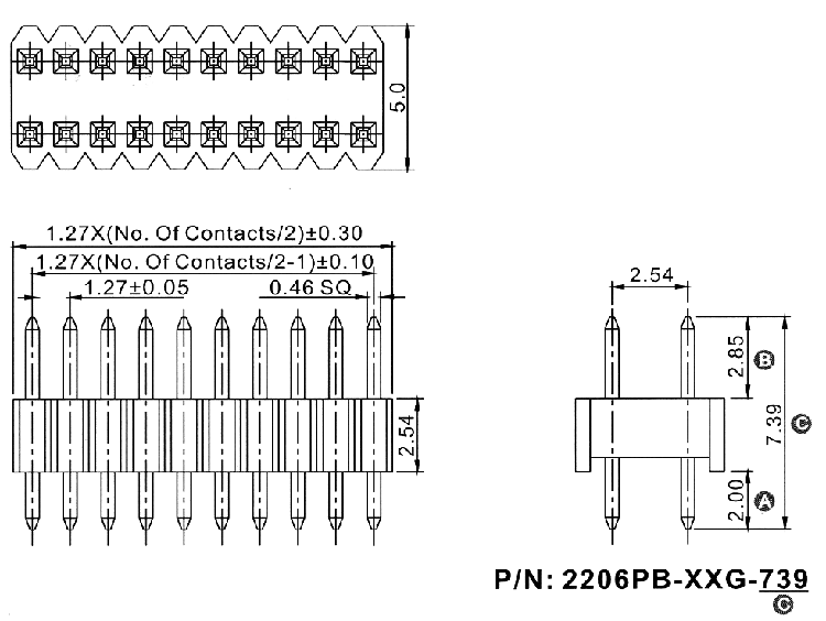 2206PB-XXXG-XXX (PLLD1.27-XXXA) серия, вилки открытые прямые двухрядные на плату для монтажа в отверстия, шаг 1,27x2,54 мм, Соединители плата/плата (разъемы межплатные), штыревые линейки и гнезда для них > шаг 1,27x2,54 мм