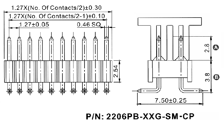 2206PB-XXG-SM-XXXX-CP серия, вилки открытые прямые двухрядные на плату для поверхностного (SMD) монтажа с захватом, шаг 1,27 x 2,54 мм, Соединители плата/плата (разъемы межплатные), штыревые линейки и гнезда для них > 1,27 x 2,54