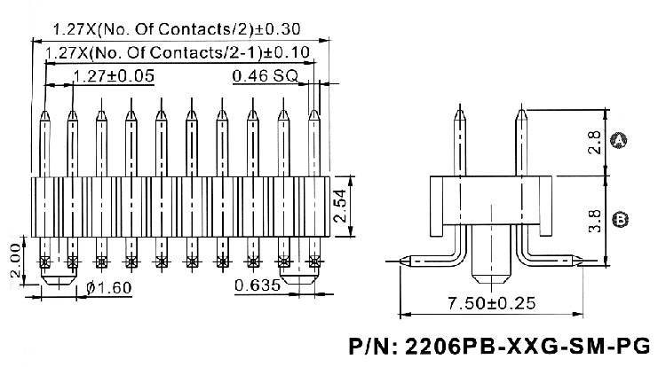2206PB-XXG-SM-XXXX-PG серия, вилки открытые прямые двухрядные с направляющими на плату для поверхностного (SMD) монтажа, шаг 1,27 x 2,54 мм, Соединители плата/плата (разъемы межплатные), штыревые линейки и гнезда для них > 1,27 x 2,54