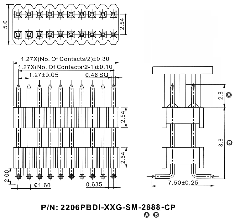 2206PBDI-XXG-SM-XXXX-CP серия, вилки открытые прямые двухрядные приподнятые на плату для поверхностного (SMD) монтажа с захватом, шаг 1,27 x 2,54 мм, Соединители плата/плата (разъемы межплатные), штыревые линейки и гнезда для них > 1,27 x 2,54