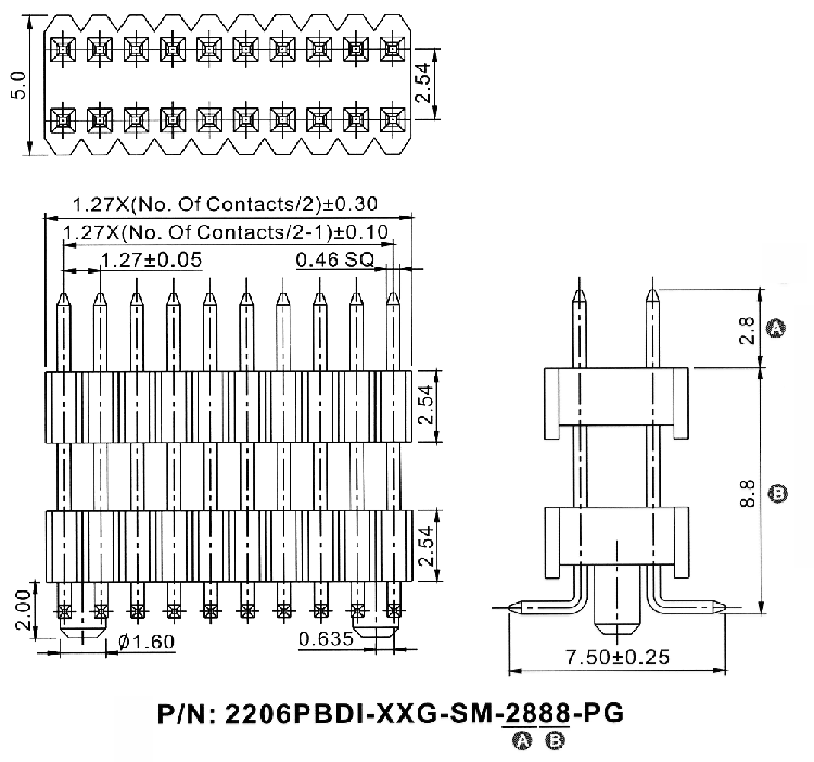 2206PBDI-XXG-SM-XXXX-PG серия, вилки открытые прямые двухрядные приподнятые с направляющими на плату для поверхностного (SMD) монтажа, шаг 1,27 x 2,54 мм, Соединители плата/плата (разъемы межплатные), штыревые линейки и гнезда для них > 1,27 x 2,54