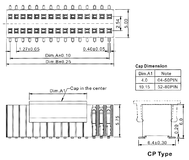 2206SB-XXG-SM-60-CP серия, розетки прямые двухрядные на плату для поверхностного (SMD) монтажа с захватом, шаг 1,27 x 2,54 мм, Соединители плата/плата (разъемы межплатные), штыревые линейки и гнезда для них > 1,27 x 2,54