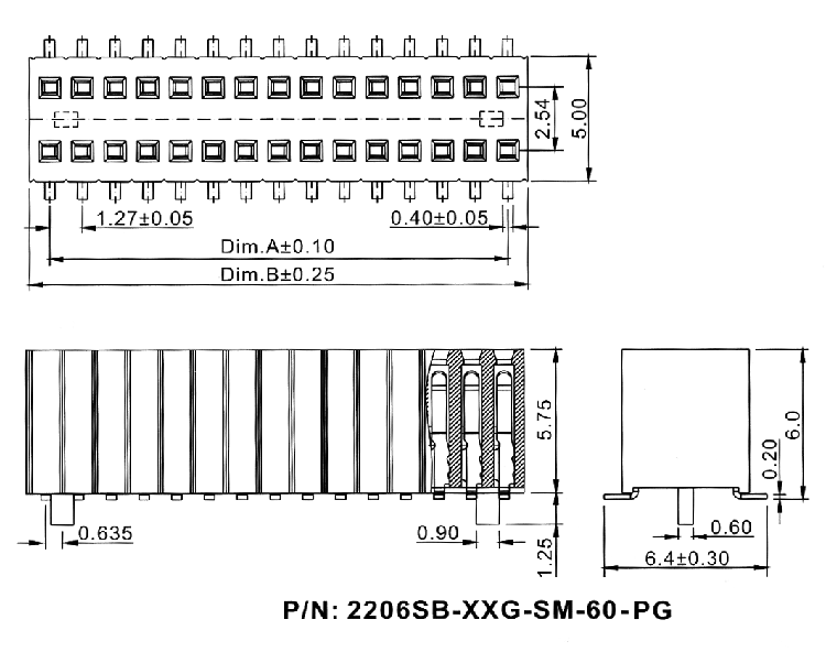 2206SB-XXG-SM-60-PG серия, розетки прямые двухрядные с направляющими на плату для поверхностного (SMD) монтажа, шаг 1,27 x 2,54 мм, Соединители плата/плата (разъемы межплатные), штыревые линейки и гнезда для них > 1,27 x 2,54